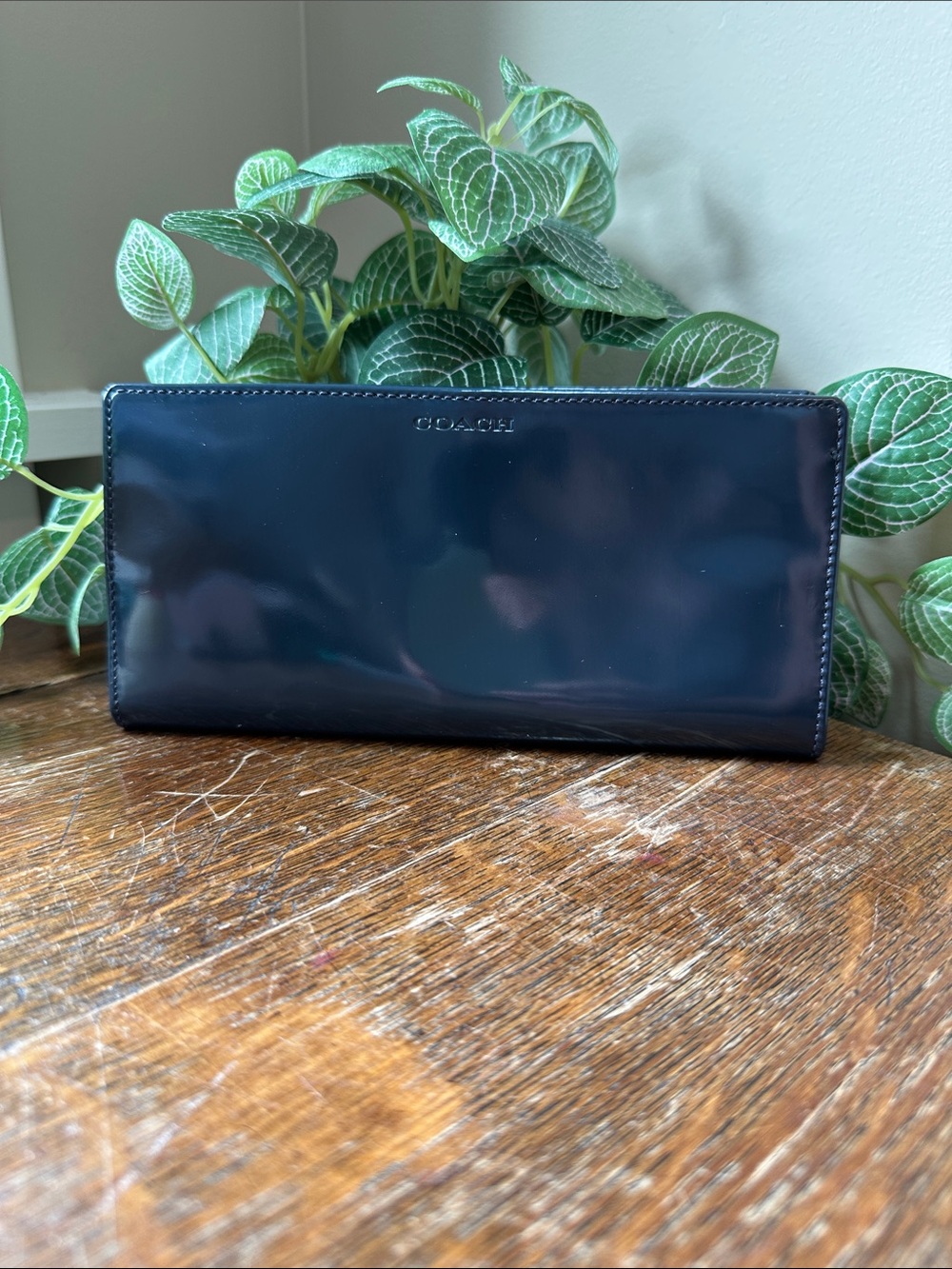 Coach Polished Slim Billfold Wallet In Navy Blue